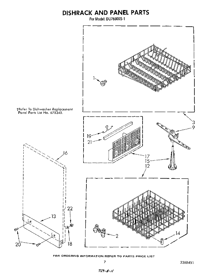 DISHRACK AND PANEL Diagram and Parts List for DU7600XS1  Whirlpool Dishwasher