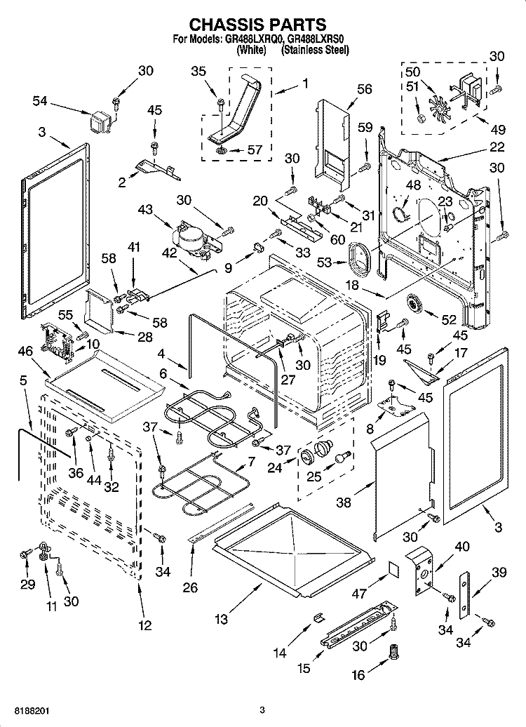 CHASSIS PARTS Diagram and Parts List for GR488LXRS0  Whirlpool Range