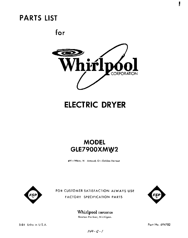SECTION Diagram and Parts List for GLE7900XMW2  Whirlpool Dryer