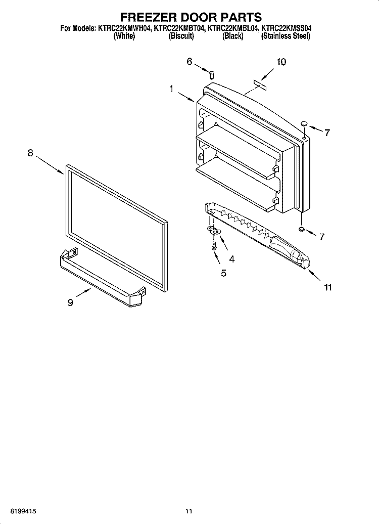 FREEZER DOOR PARTS, OPTIONAL PARTS Diagram and Parts List for KTRC22KMSS04  Whirlpool Refrigerator