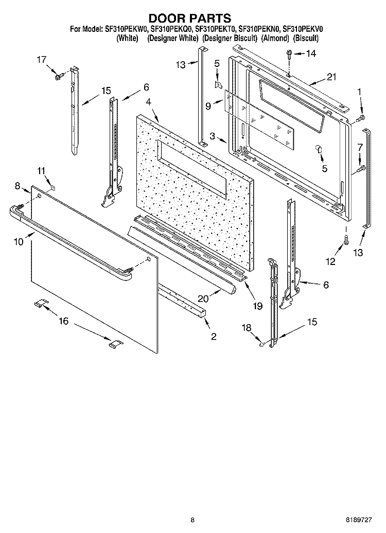DOOR Diagram and Parts List for SF310PEKV0  Whirlpool Range