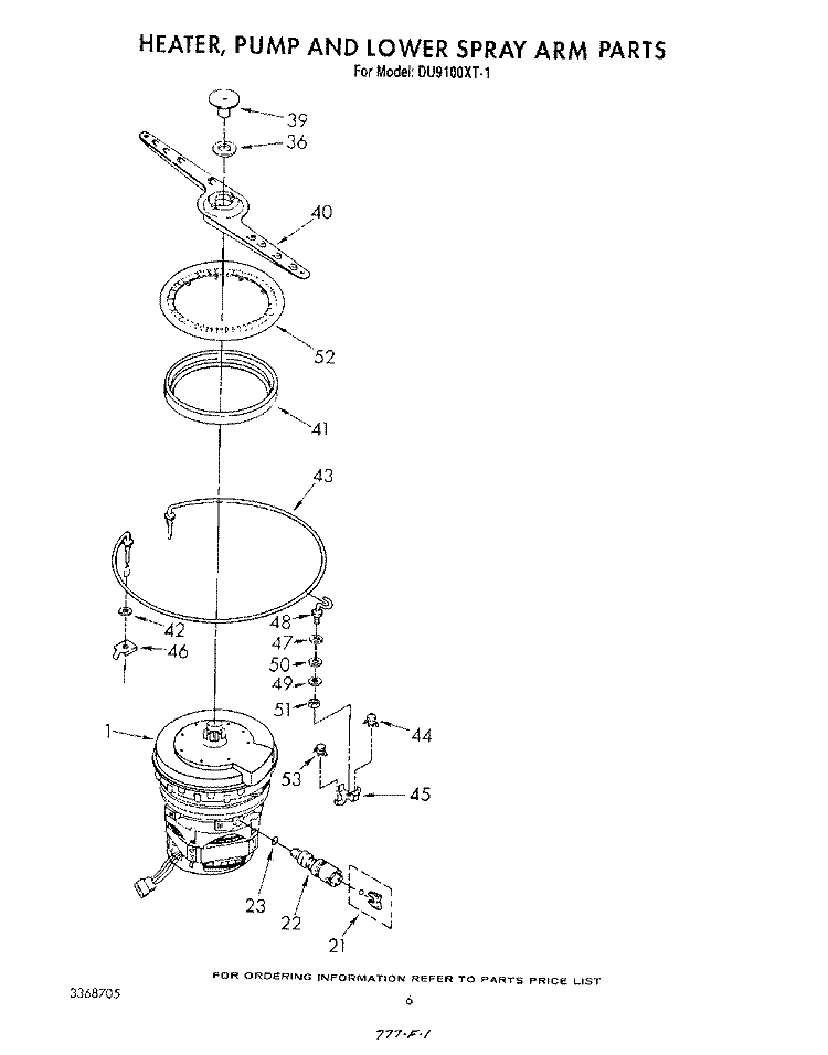 HEATER, PUMP AND LOWER SPRAY ARM Diagram and Parts List for DU9100XT1  Whirlpool Dishwasher