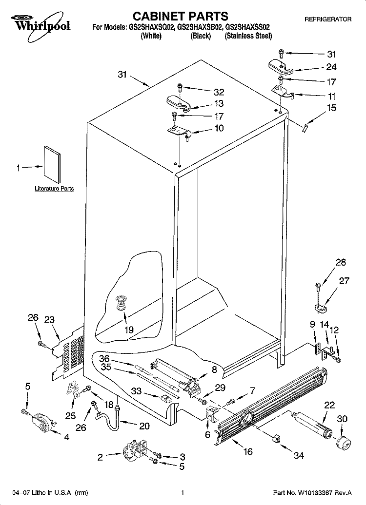 CABINET PARTS Diagram and Parts List for GS2SHAXSQ02  Whirlpool Refrigerator