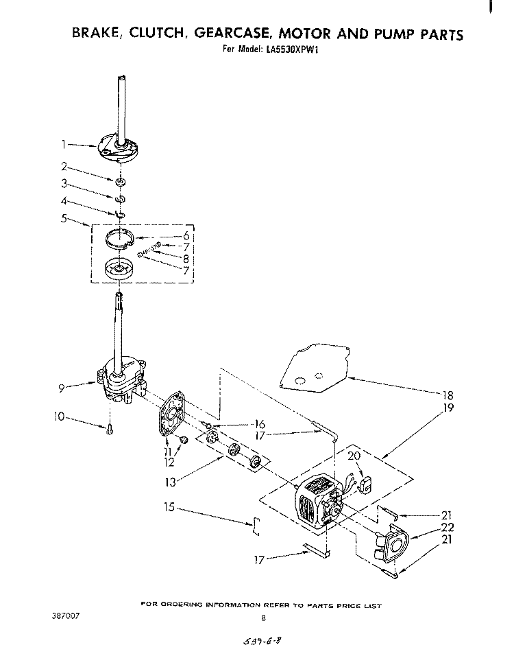 BRAKE, CLUTCH, GEARCASE, MOTOR AND PUMP Diagram and Parts List for LA5530XPW1  Whirlpool Washer