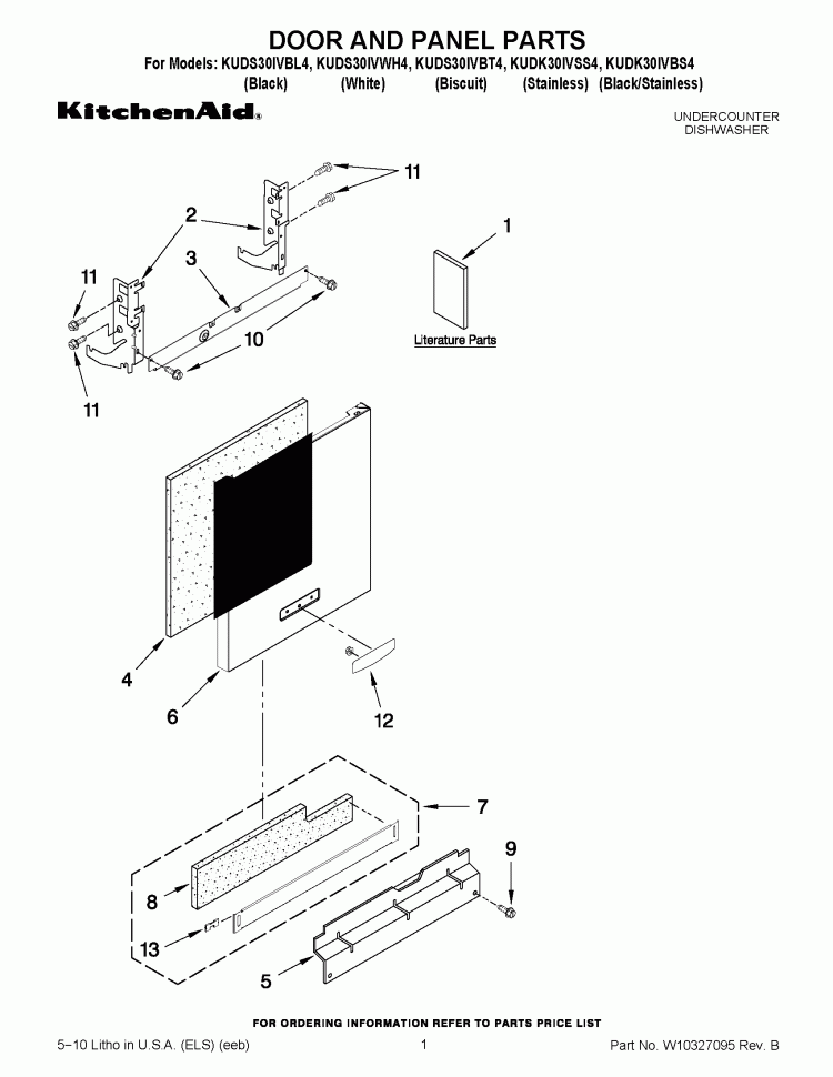 DOOR AND PANEL PARTS Diagram and Parts List for KUDK30IVSS4  KitchenAid Dishwasher