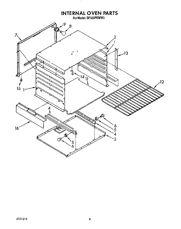 INTERNAL OVEN Diagram and Parts List for SF330PEWN3  Whirlpool Range