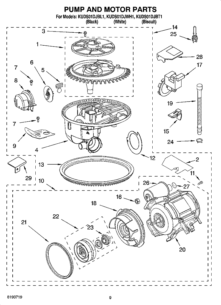 PUMP AND MOTOR PARTS Diagram and Parts List for KUDS01DJBT1  KitchenAid Dishwasher