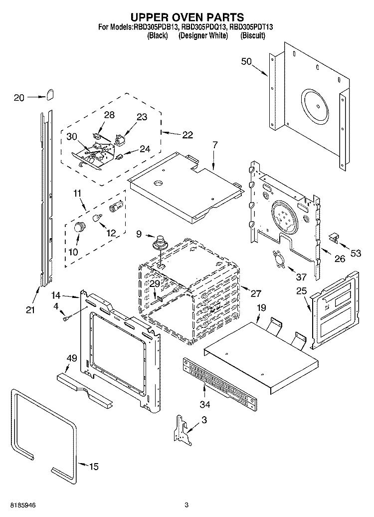 UPPER OVEN Diagram and Parts List for RBD305PDB13  Whirlpool Wall Oven