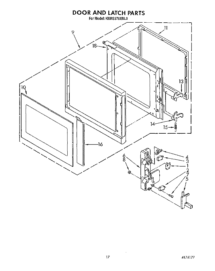 DOOR AND LATCH Diagram and Parts List for KEMS378XWH0  KitchenAid Wall Oven