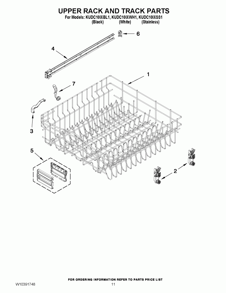 UPPER RACK AND TRACK PARTS Diagram and Parts List for KUDC10IXWH1  KitchenAid Dishwasher