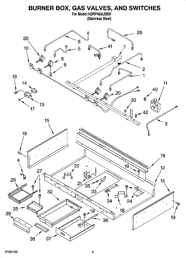 BURNER BOX, GAS VALVES, AND SWITCHES Diagram and Parts List for KDRP463LSS07  KitchenAid Range