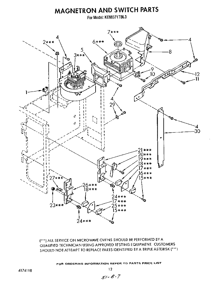 MAGNETRON AND SWITCH Diagram and Parts List for KEMI371TBL3  KitchenAid Microwave Oven Combo