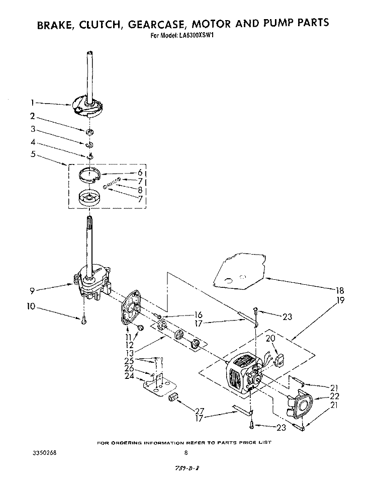 BRAKE, CLUTCH, GEARCASE, MOTOR AND PUMP Diagram and Parts List for LA6300XSW1  Whirlpool Washer