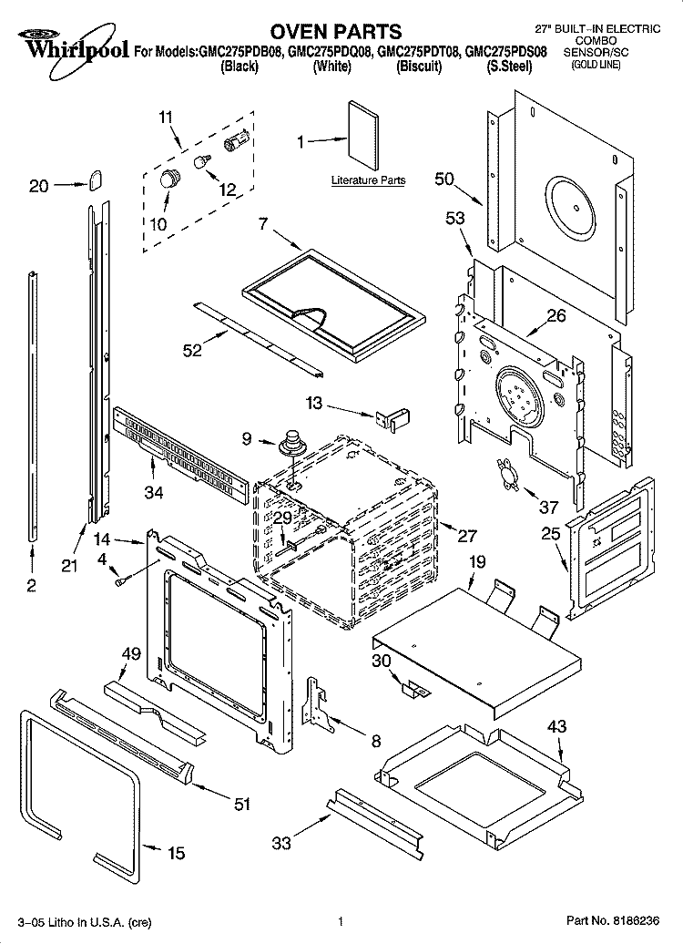 OVEN PARTS Diagram and Parts List for GMC275PDS08  Whirlpool Microwave Oven Combo