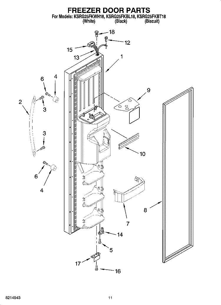 FREEZER DOOR PARTS Diagram and Parts List for KSRG25FKBL18  KitchenAid Refrigerator