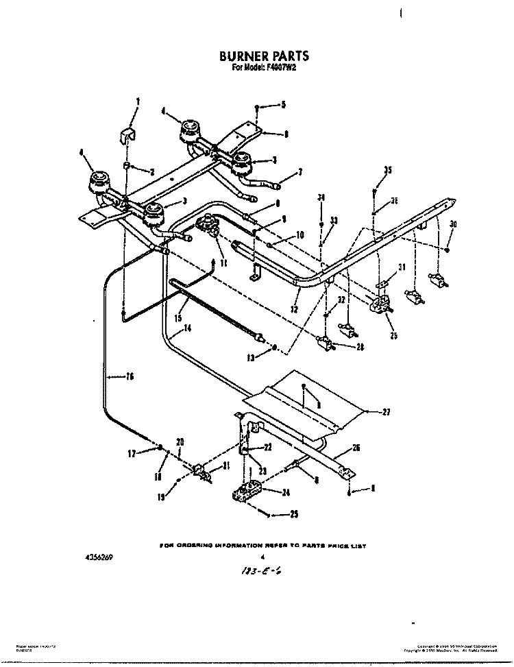 BURNER Diagram and Parts List for F4007^2  Whirlpool Range