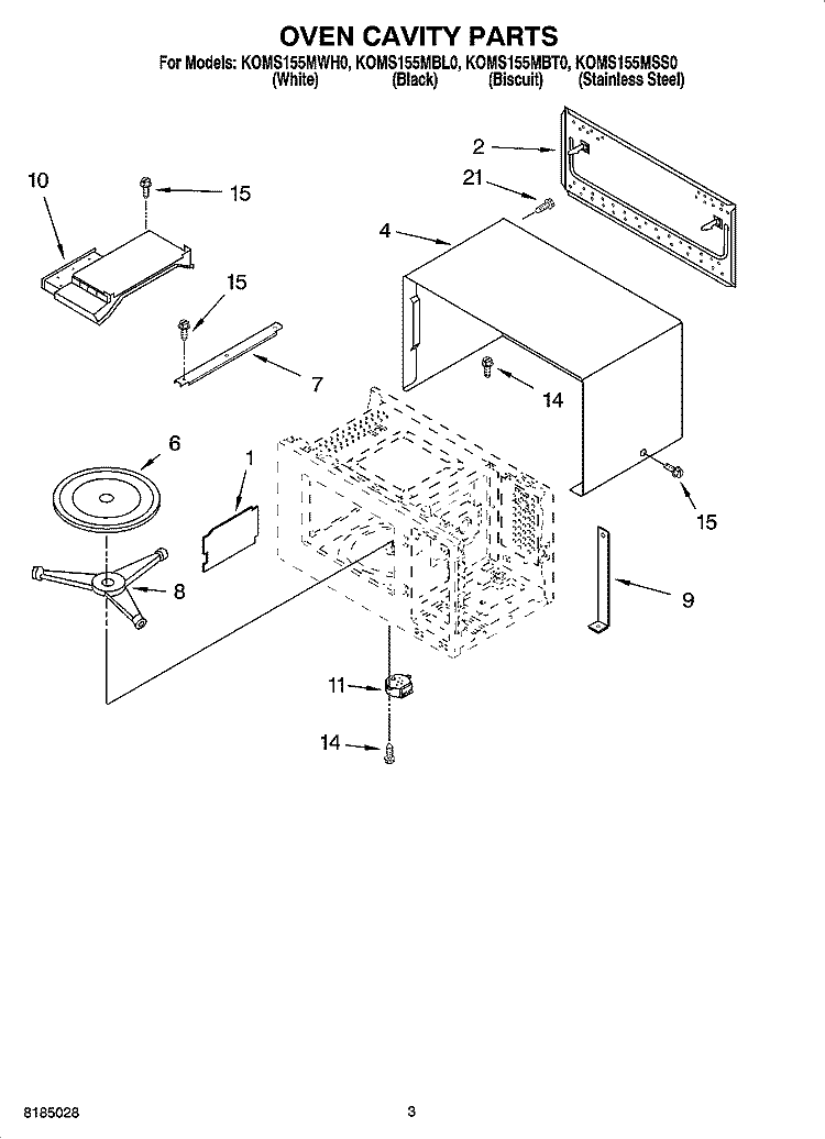 OVEN CAVITY PARTS Diagram and Parts List for KOMS155MSS0  KitchenAid Microwave