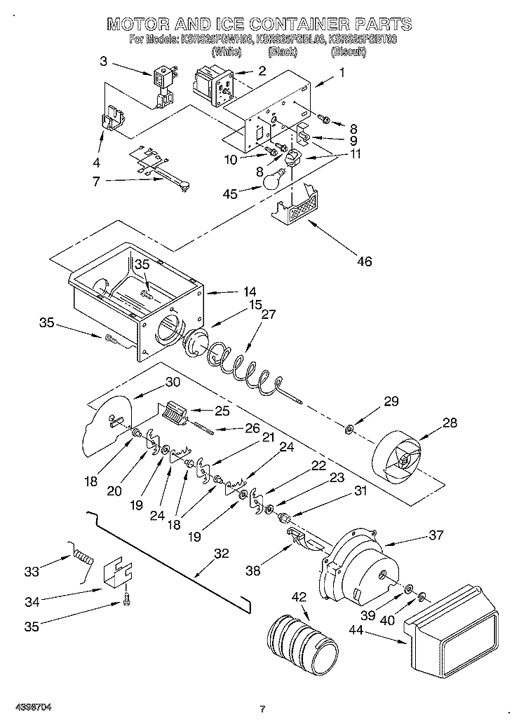 MOTOR AND ICE CONTAINER Diagram and Parts List for KSRS25FGWH03  KitchenAid Refrigerator