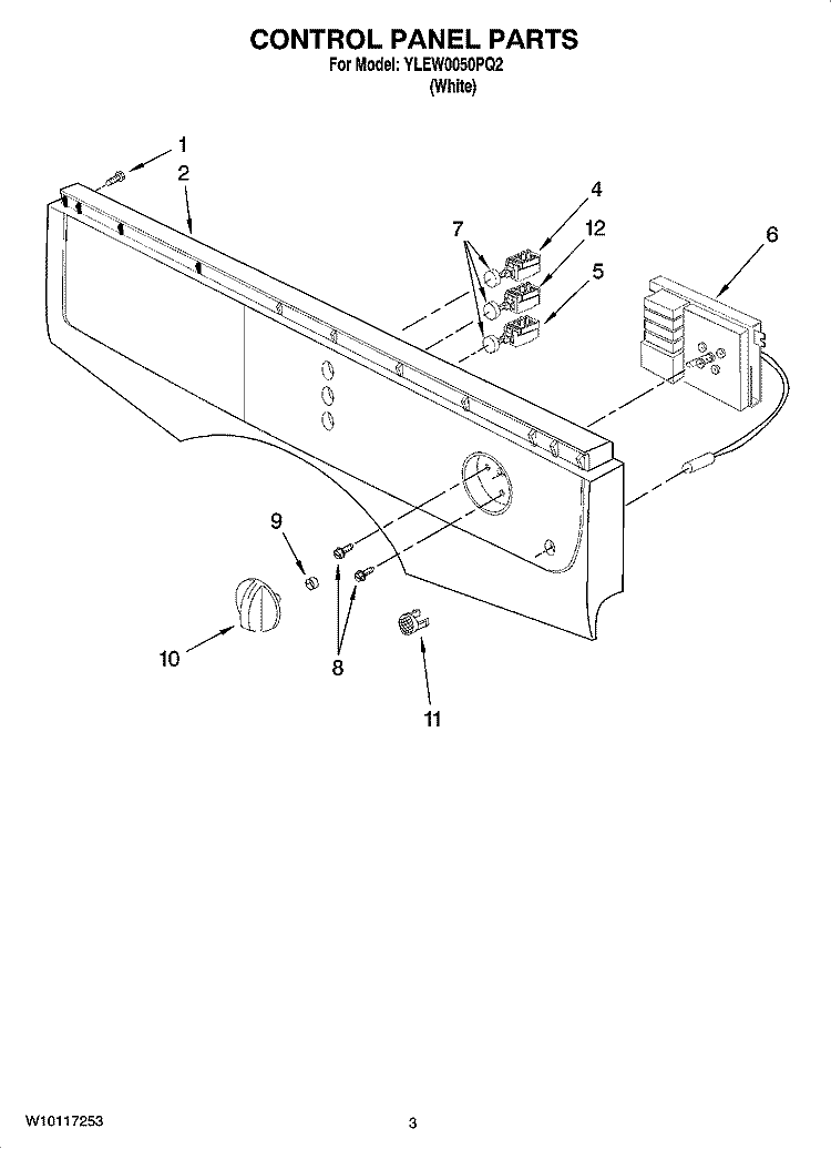 CONTROL PANEL PARTS Diagram and Parts List for YLEW0050PQ2  Whirlpool Dryer