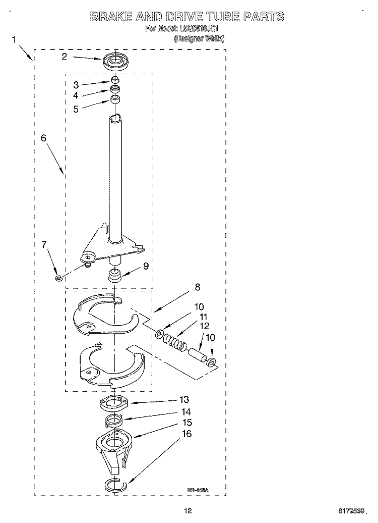 BRAKE AND DRIVE TUBE Diagram and Parts List for LSQ9510JQ1  Whirlpool Washer