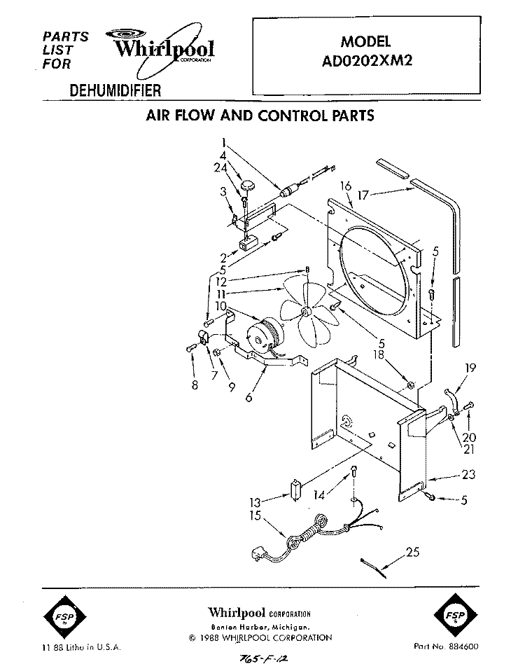 SECTION Diagram and Parts List for AD0202XM2  Whirlpool Dehumidifier