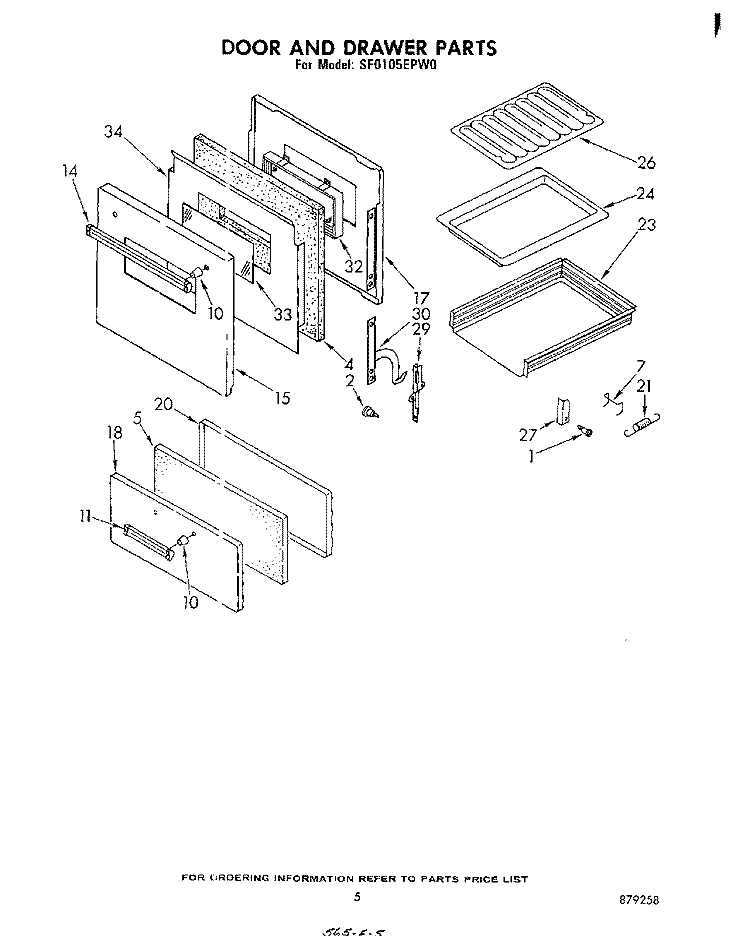 DOOR AND DRAWER Diagram and Parts List for SF0105EPW0  Whirlpool Range