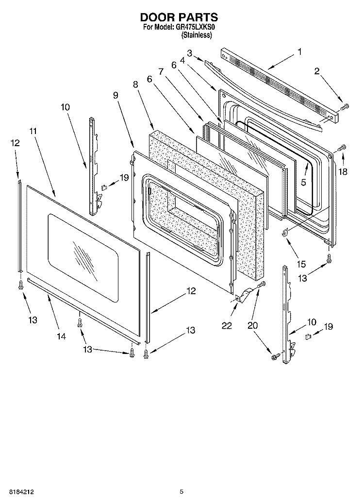 DOOR Diagram and Parts List for GR475LXKS0  Whirlpool Range