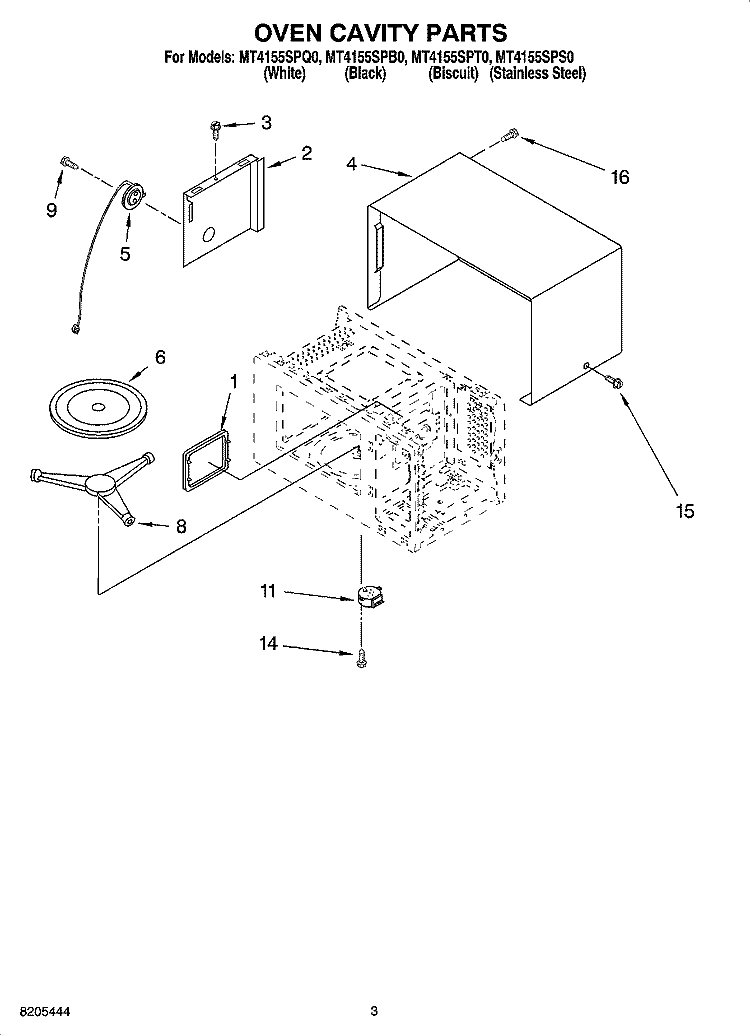 OVEN CAVITY PARTS Diagram and Parts List for MT4155SPB0  Whirlpool Microwave
