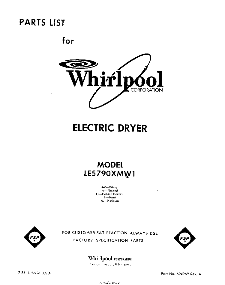 SECTION Diagram and Parts List for LE5790XMW1  Whirlpool Dryer