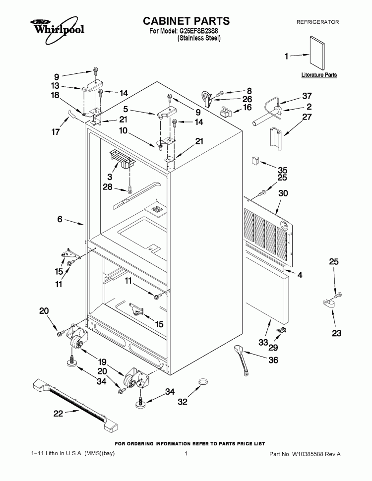 CABINET PARTS Diagram and Parts List for G25EFSB23S8  Whirlpool Refrigerator