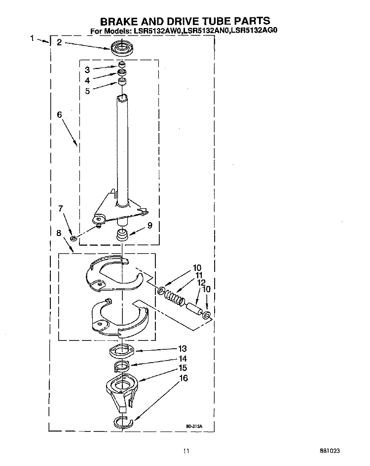 BRAKE AND DRIVE TUBE Diagram and Parts List for LSR5132AW0  Whirlpool Washer