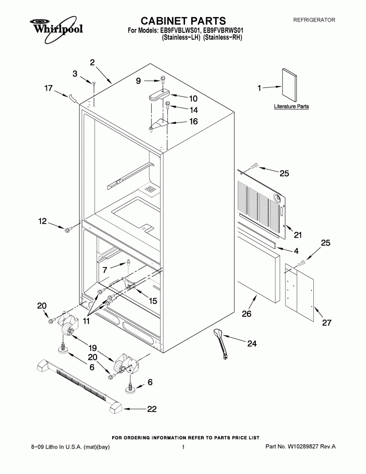 CABINET PARTS Diagram and Parts List for EB9FVBLWS01  Whirlpool Refrigerator