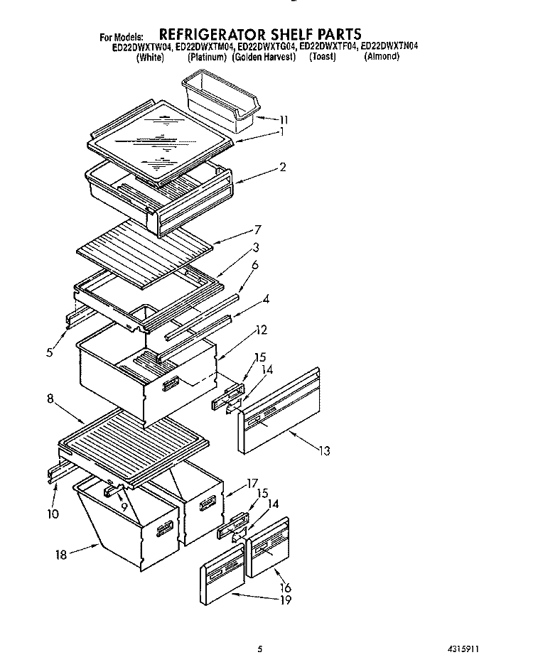 REFRIGERATOR SHELF Diagram and Parts List for ED22DWXTG04  Whirlpool Refrigerator