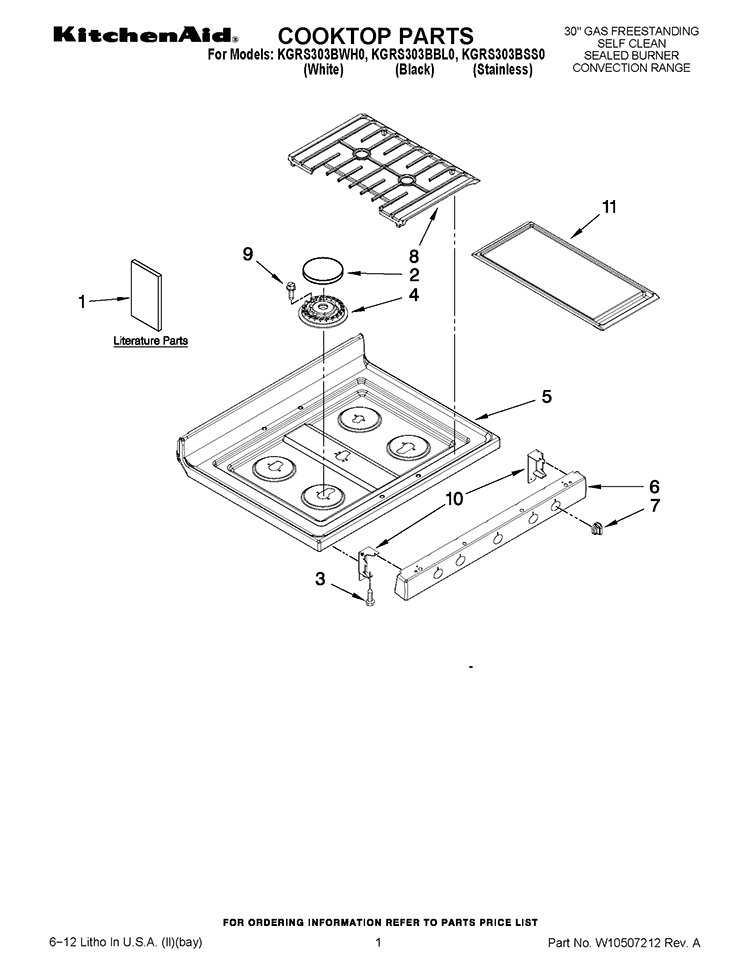 COOKTOP PARTS Diagram and Parts List for KGRS303BBL0  KitchenAid Range