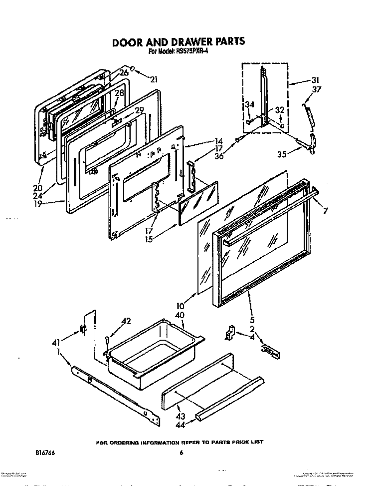 DOOR AND DRAWER Diagram and Parts List for RS575PXR4  Whirlpool Range