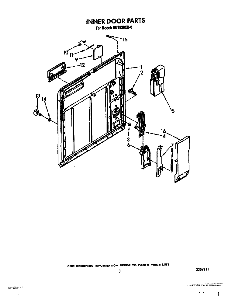 INNER DOOR Diagram and Parts List for DU8920XX0  Whirlpool Dishwasher