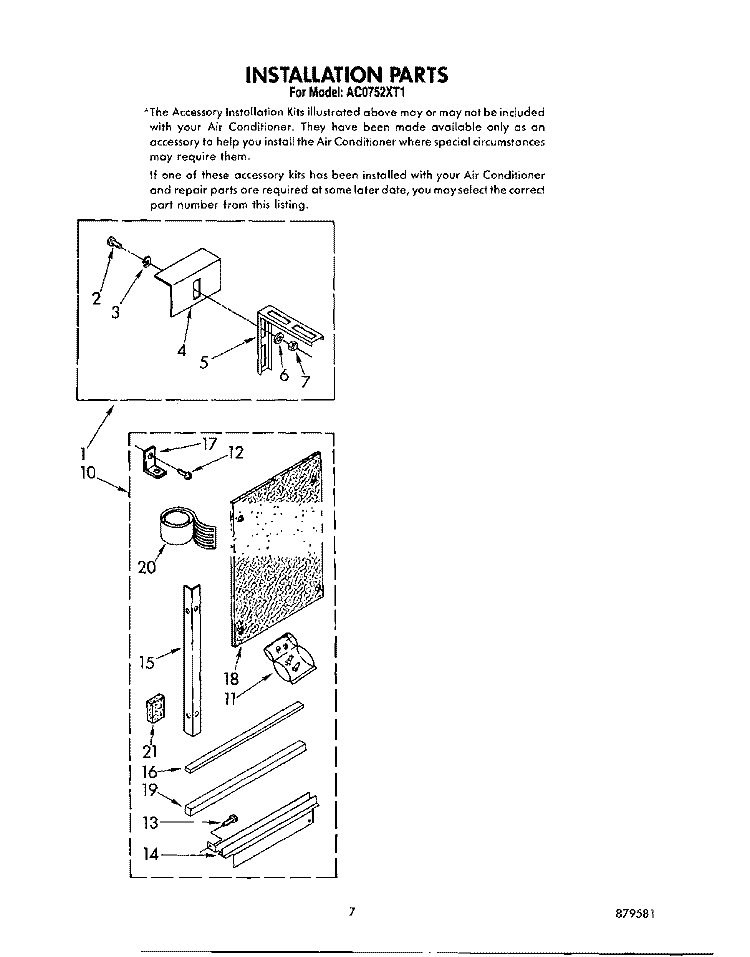 INSTALLATION Diagram and Parts List for AC0752XT1  Whirlpool Air Conditioner