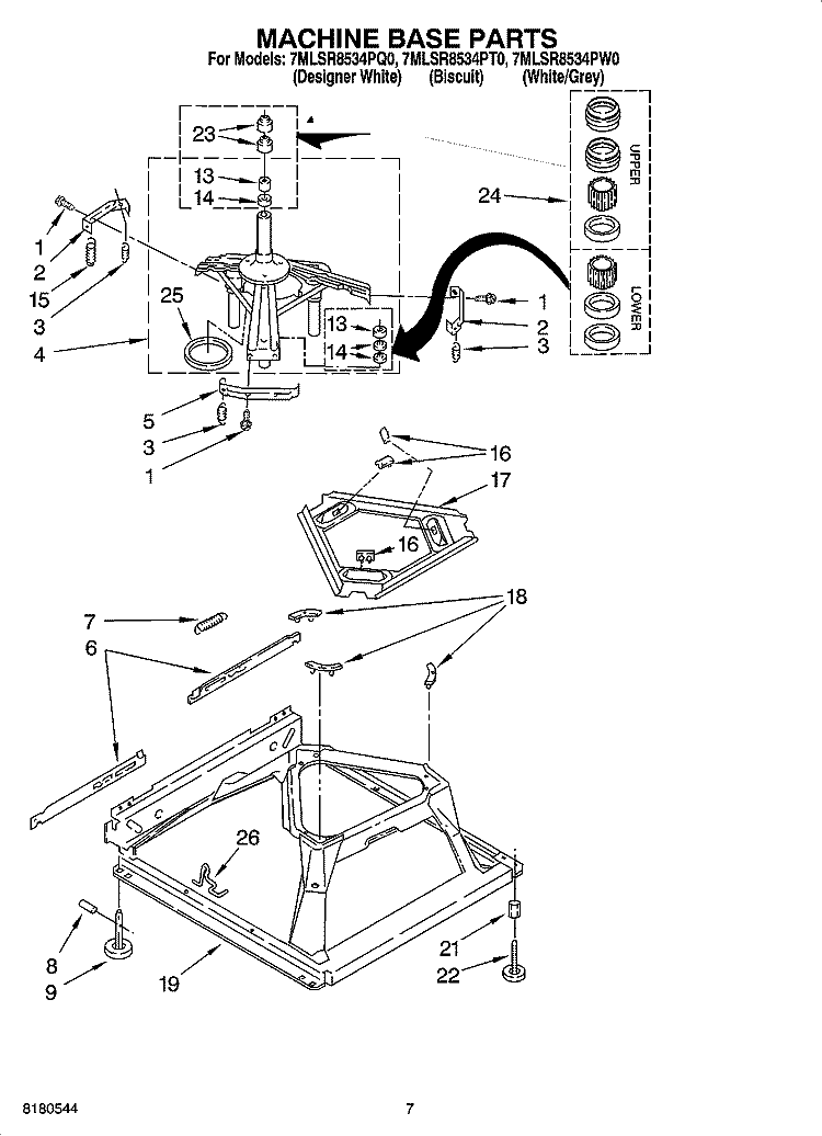 MACHINE BASE PARTS Diagram and Parts List for 7MLSR8534PT0  Whirlpool Washer