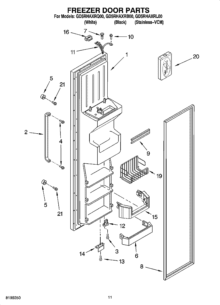 FREEZER DOOR PARTS Diagram and Parts List for GD5RHAXRB00  Whirlpool Refrigerator