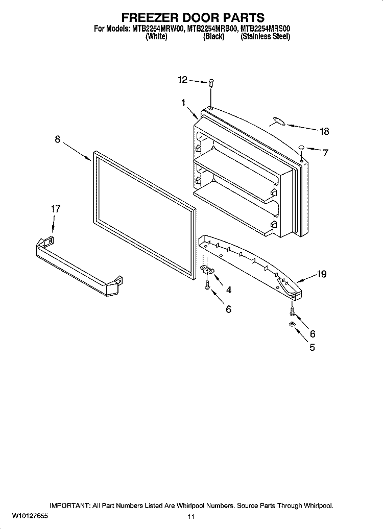 FREEZER DOOR PARTS, OPTIONAL PARTS Diagram and Parts List for MTB2254MRS00  Whirlpool Refrigerator