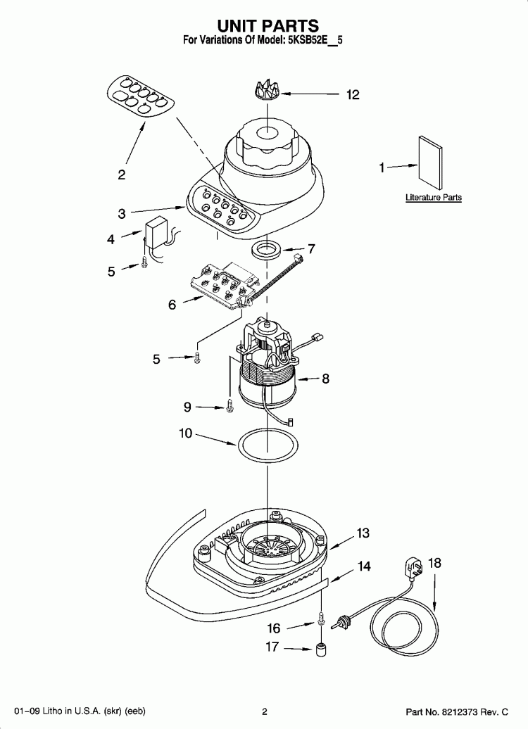 UNIT PARTS Diagram and Parts List for 5KSB52EBU5  KitchenAid Blender
