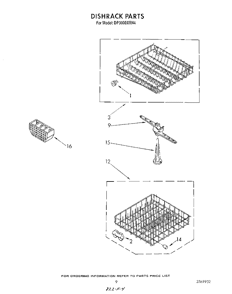 DISHRACK Diagram and Parts List for DP3000XRN4  Whirlpool Dishwasher
