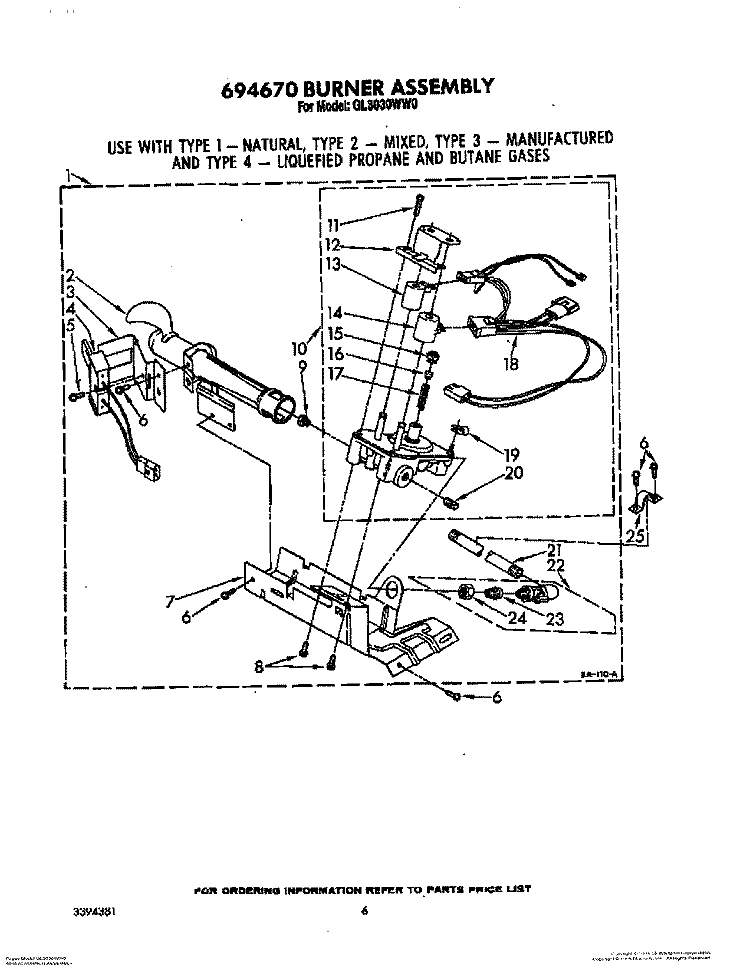 694670 BURNER ASSEMBLY Diagram and Parts List for GL3030WW0  Roper Dryer