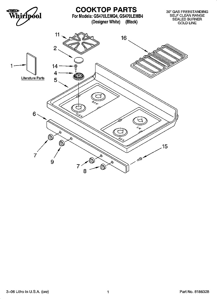 COOKTOP PARTS Diagram and Parts List for GS470LEMB4  Whirlpool Range