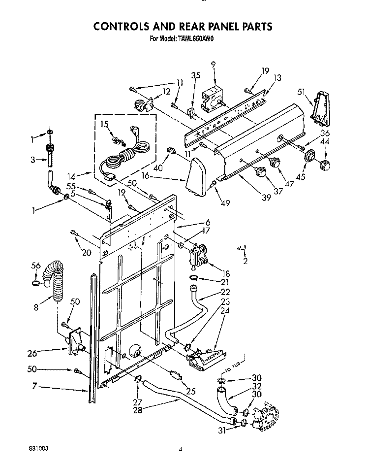 CONTROLS AND REAR PANEL Diagram and Parts List for TAWL650AW0  Estate Washer