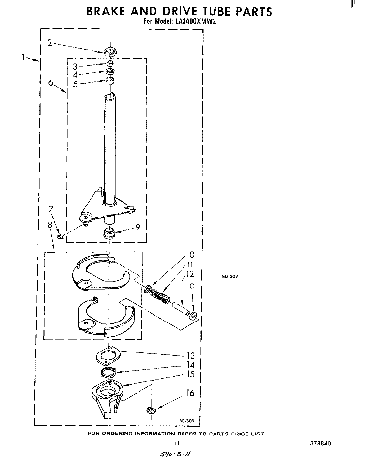 BRAKE AND DRIVE TUBE Diagram and Parts List for LA3400XMW2  Whirlpool Washer
