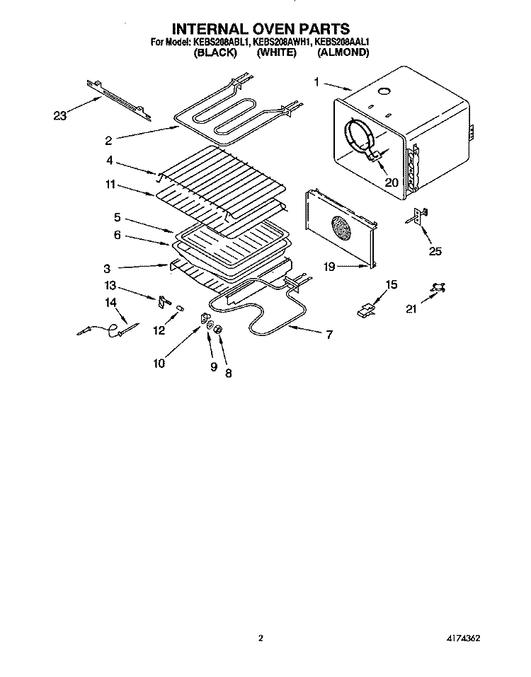 INTERNAL OVEN Diagram and Parts List for KEBS208AWH1  KitchenAid Wall Oven