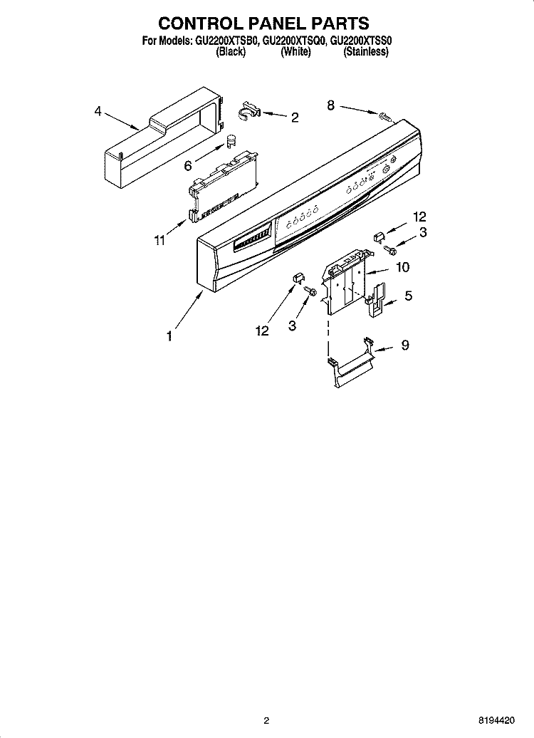 CONTROL PANEL PARTS Diagram and Parts List for GU2200XTSB0  Whirlpool Dishwasher