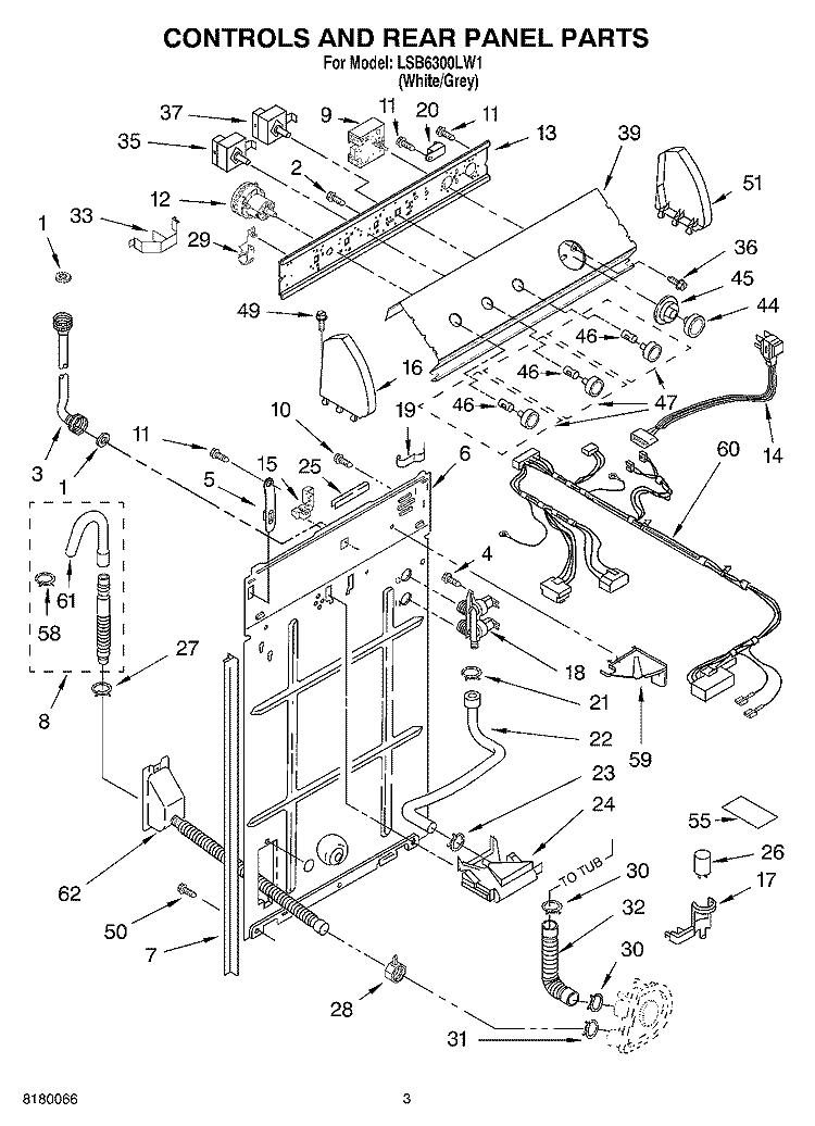 CONTROLS AND REAR PANEL PARTS Diagram and Parts List for LSB6300LW1  Whirlpool Washer