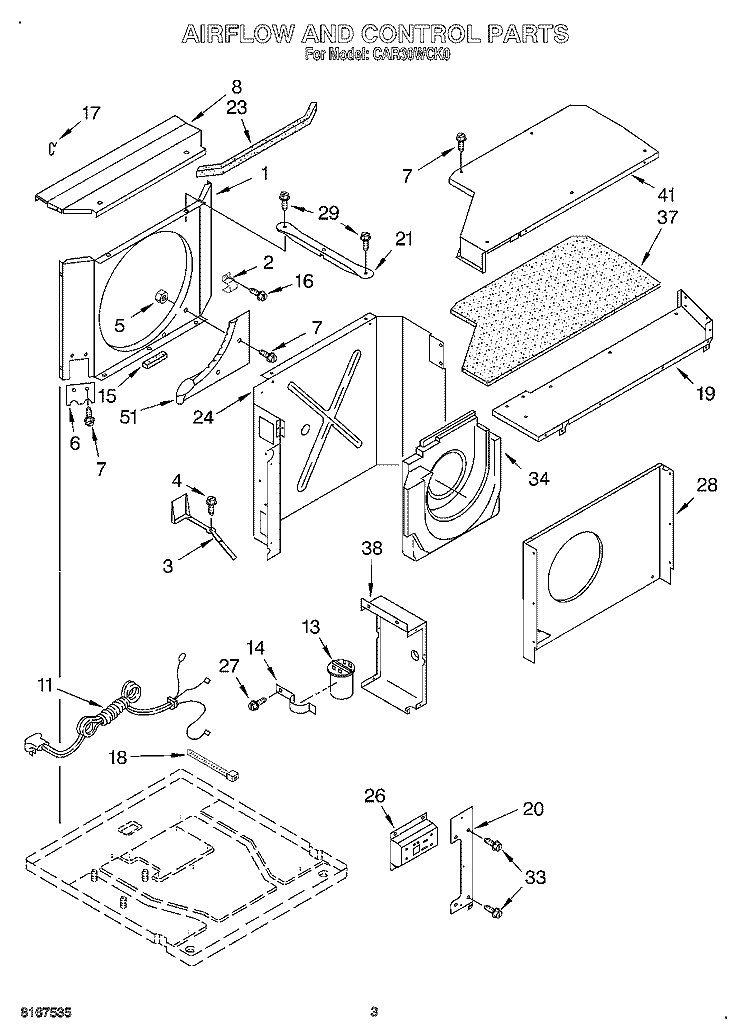 AIR FLOW AND CONTROL Diagram and Parts List for CAR30WCK0  Crosley Air Conditioner